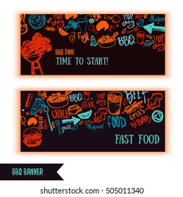 Fast food doodle banners. Hand-drawn set with barbeque accessories, lettering vector illustration on dark background