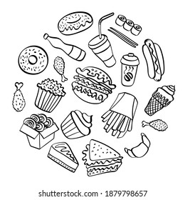 Fast food doodle collection. Hand drawn icons on white background. Vector illustration.