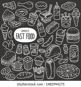 Fast food doodle drawing collection. Food such as pizza, burger, donuts, chicken wing, onion ring etc. Hand drawn vector doodle illustrations in black and white blackboard chalk style.