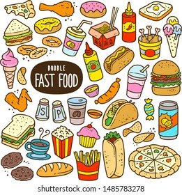 Fast food doodle drawing collection. Food such as pizza, burger, donuts, chicken wing, onion ring etc. Hand drawn vector doodle illustrations in colorful cartoon style.