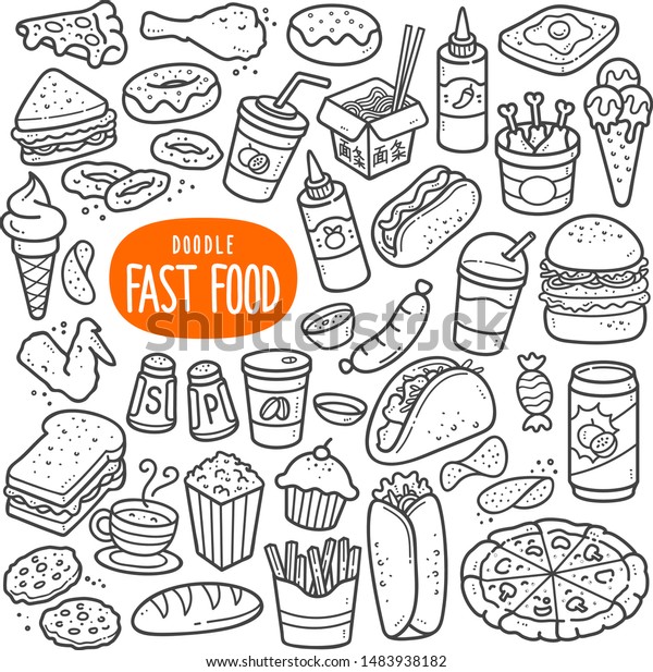 Fast food doodle drawing collection. Food\
such as pizza, burger, donuts, chicken wing, onion ring etc. Hand\
drawn vector doodle illustrations in black isolated over white\
background.