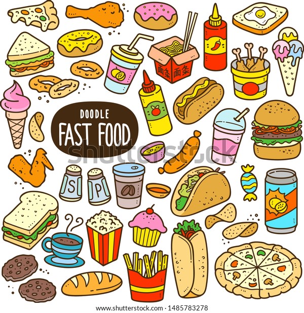 Fast food doodle\
drawing collection. Food such as pizza, burger, donuts, chicken\
wing, onion ring etc. Hand drawn vector doodle illustrations in\
colorful cartoon style.