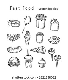 Fast food doodle drawings. Vector outline food icons. Burger, Pizza, Donut, Ice cream, Hot dog, Lollipop, Coffee, Fried Potato, Sandwich, Soda drink, Cupcake, air balloon. 