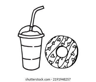 Doodle de comida rápida para beber con donut en un entorno aislado