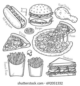 Fast food doodle elements hand drawn style. Vector Illustrations.