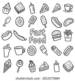 Fast Food Doodle Hand Drawn Set, Hand Made Line Art. Menu Restaurant