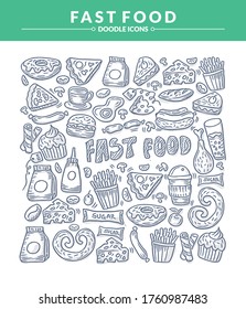 Fast Food doodle Icon set, Trendy and lovely hand drawn style isolated on white background 
