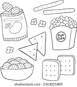 Fast Food Doodle. Icons Hand Drawn. Vector Clip Art. Sketch Famous Food. Restaurant Menu. Balck and white, Black line vector