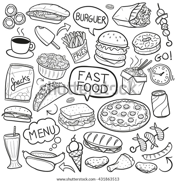 Fast Food Doodle Icons.\
Hand Made Line Art. Menu Restaurant. Famous Food. Logotype Symbol\
Design.