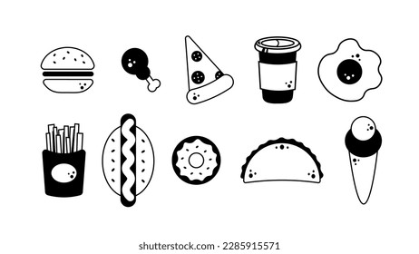 Fast food Doodle icons set. Isolated black burger, pizza, chicken, coffee, ice cream, French fries, hotdog, donut, taco, ice cream vector illustrations