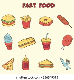 fast food doodle icons, vector hand drawing style