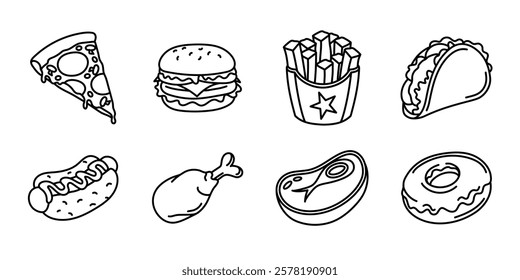 Fast food doodle illustration collection. Fast food icon set. Hamburger, pizza, hot dog, taco, french fries and crispy chicken outline symbol. Meat steak, burger and donut eatery menu. Fast food sign.