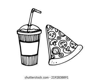 Fast food doodle illustration of drink and pizza