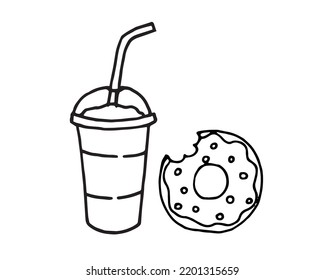 Fast food doodle illustration of drink with bitten donut