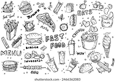 Fast Food Doodle Line Art Illustration. Hand Drawn pencil Vector Clip Art. For Banner, Logo, restaurant menu, food packaging etc.