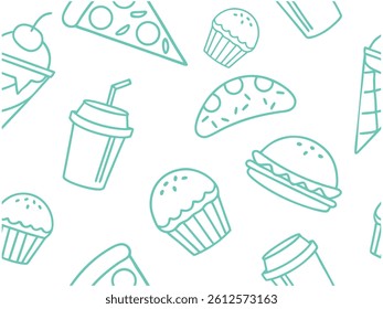 Fast Food Doodle Pattern Seamless Burger Pizza Drink Ice Cream Design. food, doodle, snack, burger, pizza, cupcake, taco, drink, pattern, seamless
