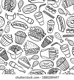 Fast food doodle seamless pattern. Hand drawn icons on white background. Vector illustration.