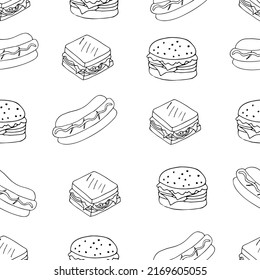 Fast food doodle seamless pattern in vector. Seamless hand drawn fast food pattern in vector. Doodle fast food background with hotdog, cheeseburger and burger in vector