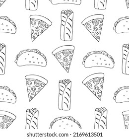 Fast food doodle seamless pattern in vector. Seamless hand drawn fast food pattern in vector. Doodle fast food background with pizza, taco and shawarma in vector