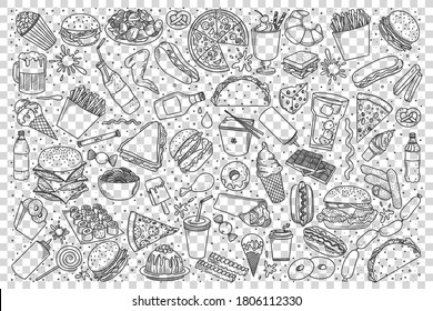 Fast food doodle set. Collection of pencil hand drawn sketches of pop corn sandwitch hot dog french fries hamburger and pizza on transparent background. Unhealthy nutrition illustration.