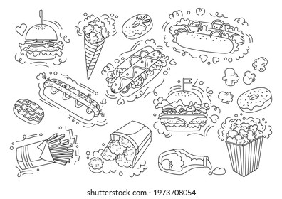 Fast food doodle set. Donut hot dog, hamburger, potato, nuggets ketchup and popcorn collection. Menu card delicious fast food icons. Cheeseburger, beverage tasty unhealthy lunch. Hand drawn vector