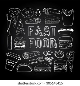 Fast food doodle set. Elements of fast food on the chalkboard. Vector illustration in sketch style. Hand drawn design elements. 