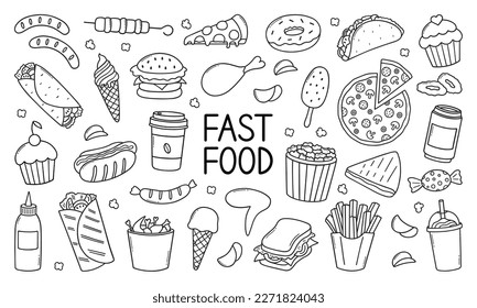 Fast food doodle set. Hamburger, ice cream, sandwich, hot dog, pizza in sketch style. Vector illustration isolated on white background.