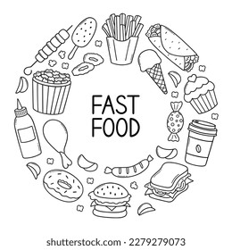 Fast food doodle set. Hamburger, ice cream, sandwich, hot dog, pizza in sketch style. Vector illustration isolated on white background.