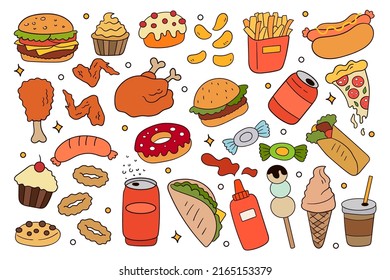 Fast food doodle set. Hand drawn cartoon set. Burger, french fries, sweet food and drinks. Street fastfood elements. Vector illustration