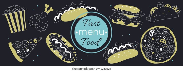 Fast food doodle set isolated on black background. Template with vector one line junk food. Tasty set fast food. Food in flat style. Banner with handdrawn burgers, drinks, fries, sandwiche. Outline.