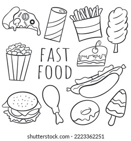 Fast food doodle set isolated vector illustration. Hand drawn bunch of junk food snack. Black contour image french fries, burger, hot dog, ice cream, donut, poporn, drink, pizza, chicken leg, cotton