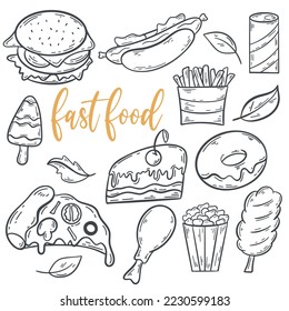 Fast food doodle set. Simple black outline image food. Hand drawn ink collection isolated vector illustration