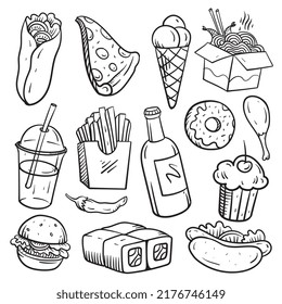 Juego de doodles de comida rápida. Ilustración vectorial aislada en fondo blanco.
