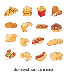 Fast food doodle vector. Hand drawn vector illustration with colorful linear design. 