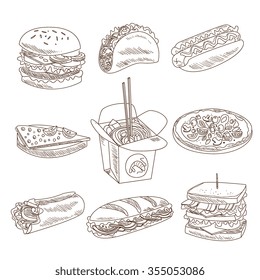 Fast Food Doodle Vector illustration in sketch style. Hand drawn design elements.
