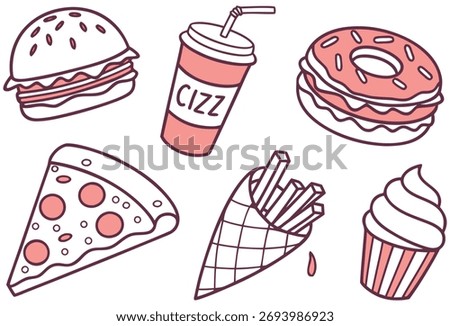 Fast Food Doodle Vector Illustration with Pizza, Burger and Drinks