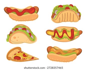Vector Doodle de comida rápida con perritos calientes, tacos y pizza. Colorido conjunto de Elementos de comida rápida estilo doodle que incluyen perros calientes con mostaza y ketchup, tacos de verduras y carne, y rebanada de pizza. Perfecto para Anuncios, flyers, invitaciones y diseño promocional.