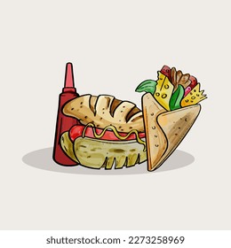 fast food doodle in watercolor painting style vector illustration. Flat lay Junk Food watercolor objects isolated on white background.