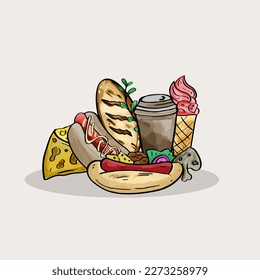 fast food doodle in watercolor painting style vector illustration. Flat lay Junk Food watercolor objects isolated on white background.