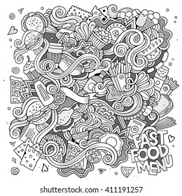 Fast food doodles elements background. Vector sketchy illustration