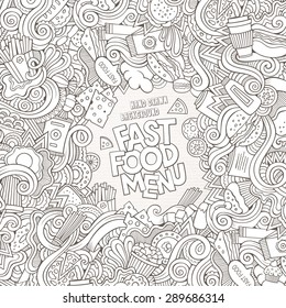Fast food doodles elements frame background. Vector illustration