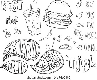 Fast Food Doodles Hand Drawn Sketchy Vector Symbols