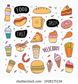 Fast Food Doodles Hand Drawn Line Art Style Object Elements Vector Illustration