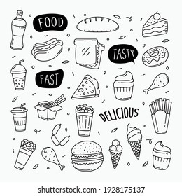 Fast Food Doodles Hand Drawn Line Art Style Object Elements Vector Illustration