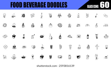 Fast food doodles hand drawn. food beverage doodles black icons.