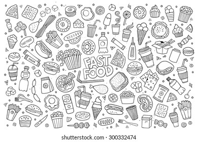 Fast food doodles hand drawn colorful vector symbols and objects