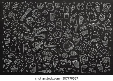 Fast food doodles hand drawn colorful vector symbols and objects. Chalkboard background