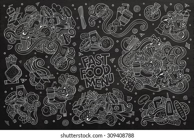 Fast food doodles hand drawn colorful vector symbols and objects. Chalkboard background