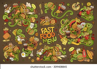 Fast food doodles hand drawn colorful vector symbols and objects