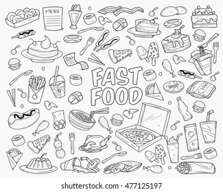 Fast food doodles hand drawn objects and symbols. Fast food sketch cartoon style, vector illustration